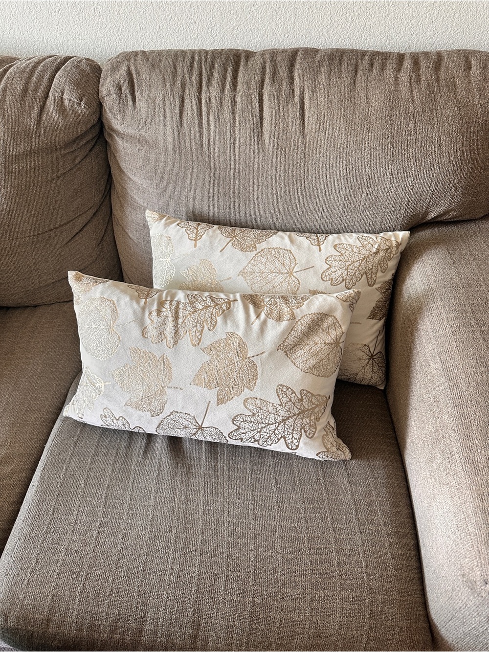 Neutral Leaf Pattern Lumbar Throw Pillow - Beige/Cream